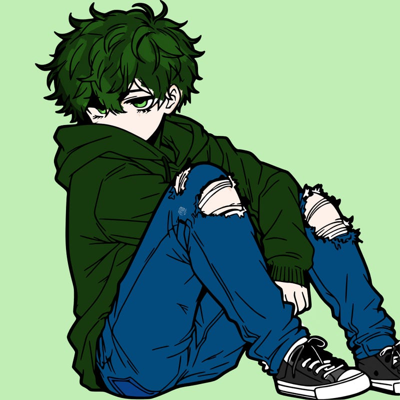 a male hoddie ripped jeans messy hair anime