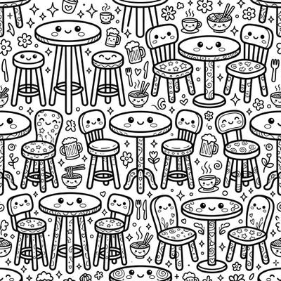 Step into a delightful cafe scene filled with the cutest Kawaii pub and bistro tables, chairs, and tiny treats. This charming coloring page promises hours of adorable artistic exploration for colorists of all ages.