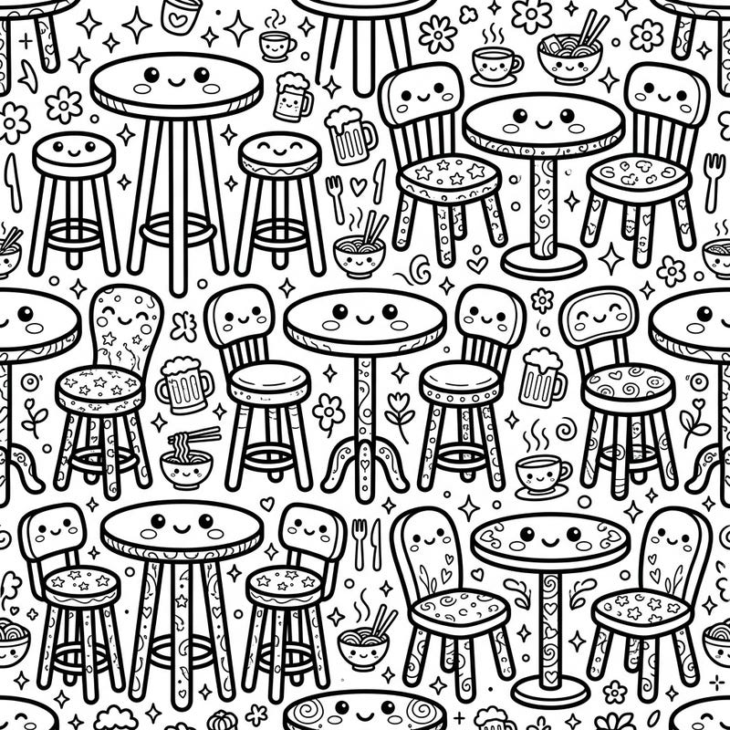 Step into a delightful cafe scene filled with the cutest Kawaii pub and bistro tables, chairs, and tiny treats. This charming coloring page promises hours of adorable artistic exploration for colorists of all ages.