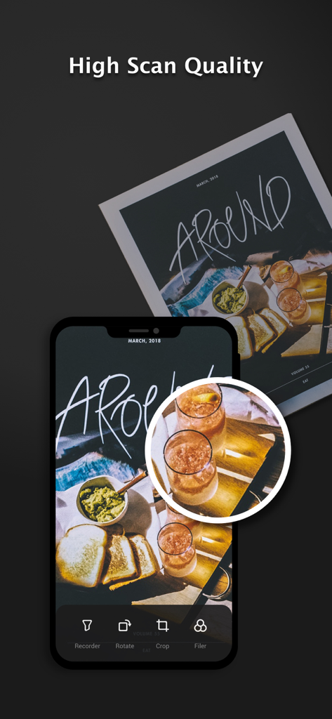 PDF Scanner Pro for Document - Smartphone screen showing a high-quality scan of a magazine page with a zoom detail highlight