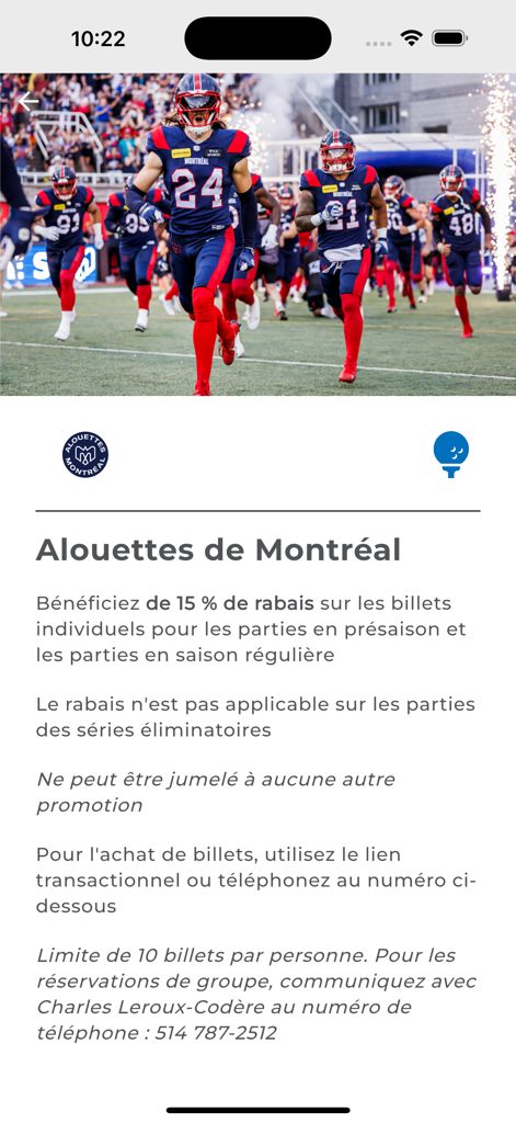 Captura de tela do aplicativo AQRP mostrando um desconto de 15% em ingressos para o futebol dos Alouettes de Montreal.