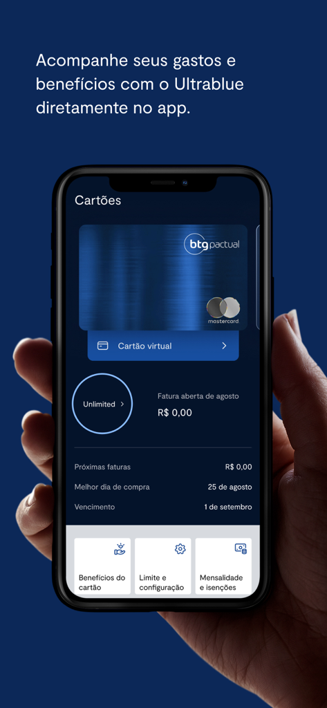 BTG Pactual Banking - Ein Smartphone-Bildschirm zeigt die BTG Pactual Banking App mit der Verwaltung der Ultrablue Mastercard Kreditkarte und detaillierten Ausgaben