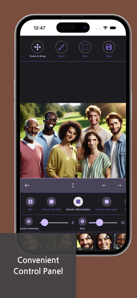 Blur & Mosaic - Auto Face blur - Écran de smartphone affichant l'interface de l'application Flou et Mosaïque avec une photo de groupe dont les visages sont floutés à l'aide d'effets de mosaïque.