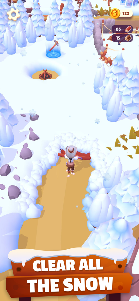Gold Rush: Frozen Adventures - 얼어붙은 생존 게임에서 삽을 사용하여 깊은 눈길을 치우는 캐릭터.
