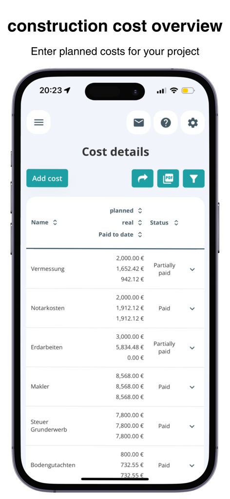 POCASIO House Building Manager - A detailed table in the POCASIO app showing house building cost details including planned versus actual expenses and payment status