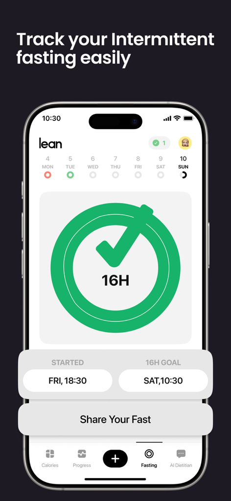Lean: AI Macro Tracker - Lean app intermittent fasting tracker interface showing a completed sixteen hour goal