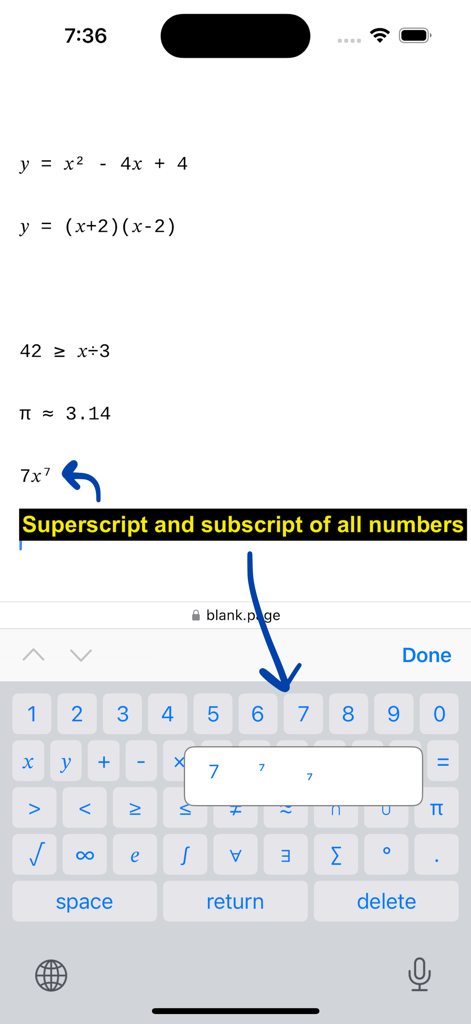 Math Keyboard For Equations - Math Keyboard app interface highlighting superscript and subscript options for typing equations on mobile