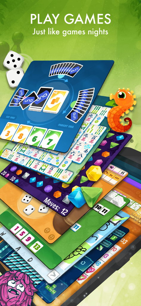 A stack of colorful cards displaying different board and card games available in the elo app