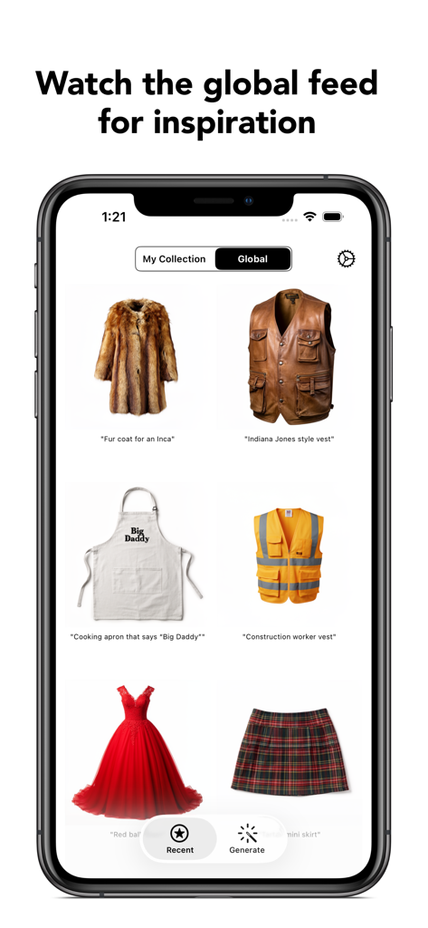 AI Outfit Generator Stylix - The global feed of Stylix AI app showing various AI-generated clothing designs like a fur coat and an Indiana Jones style vest.