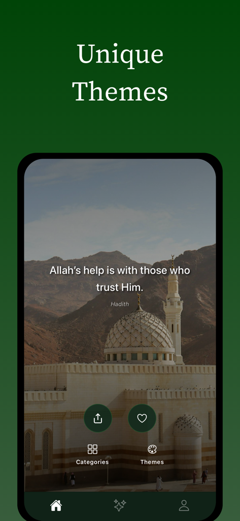 A smartphone display showing a custom theme with a mosque background and a Hadith quote in the Sabr AI app.
