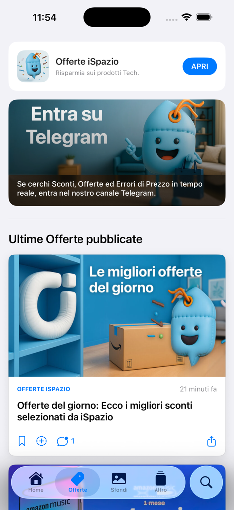 iSpazio - Screenshot of the iSpazio app deals tab featuring daily technology discounts and a Telegram channel invitation