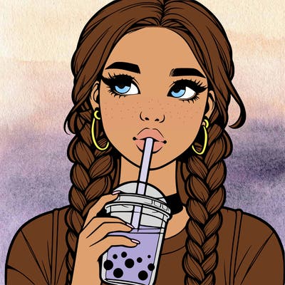 realistic girl with braided hair drinking boba