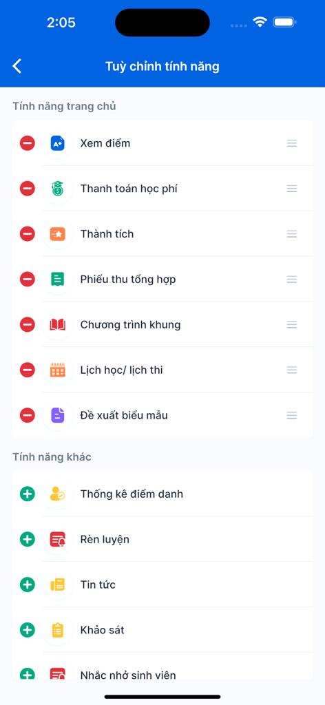 Der Bildschirm zur Anpassung von Funktionen der OneUni App, der Optionen zur Anpassung von Homepage-Funktionen einschließlich Noten und Gebühren anzeigt