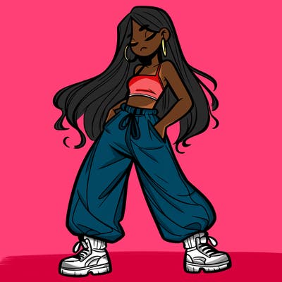 girl in baggy pants crop top and long hair