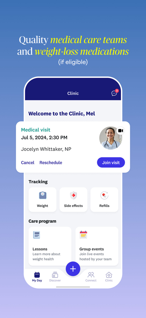 WeightWatchers Program - Pantalla de servicios de clínica de WeightWatchers que muestra una visita médica y el seguimiento de la medicación