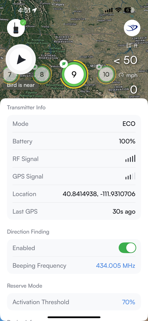AeroVision7 app interface displaying GPS transmitter status and bird tracking location on a satellite map.