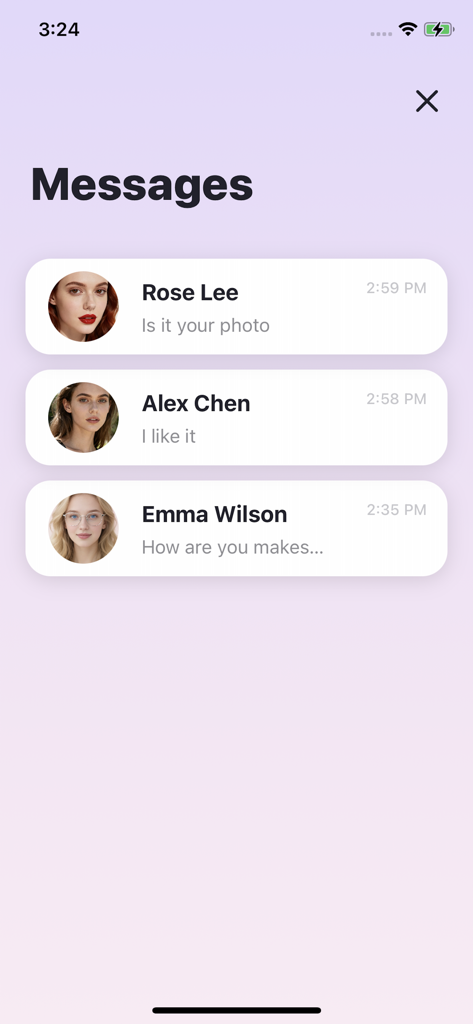 Myna - AI Art & Community - Interfaz de mensajes directos en la aplicación de Arte IA de Myna que muestra una lista de notificaciones de chat de miembros de la comunidad