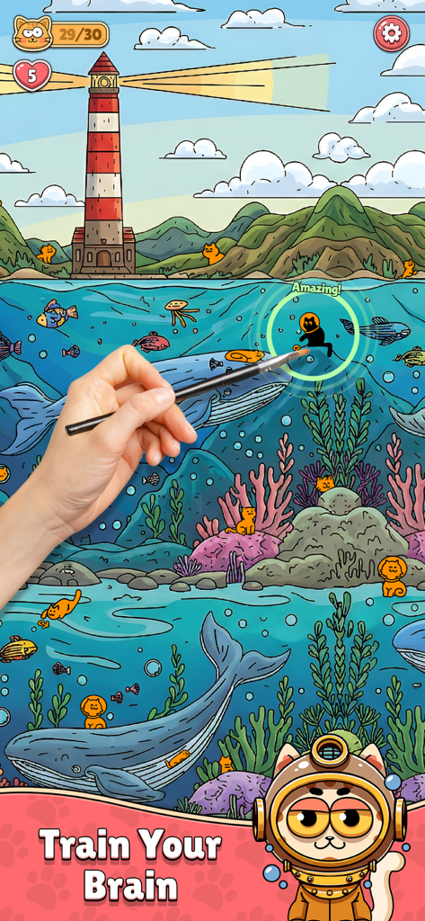 Find The Cat 2 - Spot It! - Uma mão apontando para um gato escondido em uma cena subaquática colorida com baleias e um farol do jogo Encontre o Gato 2.