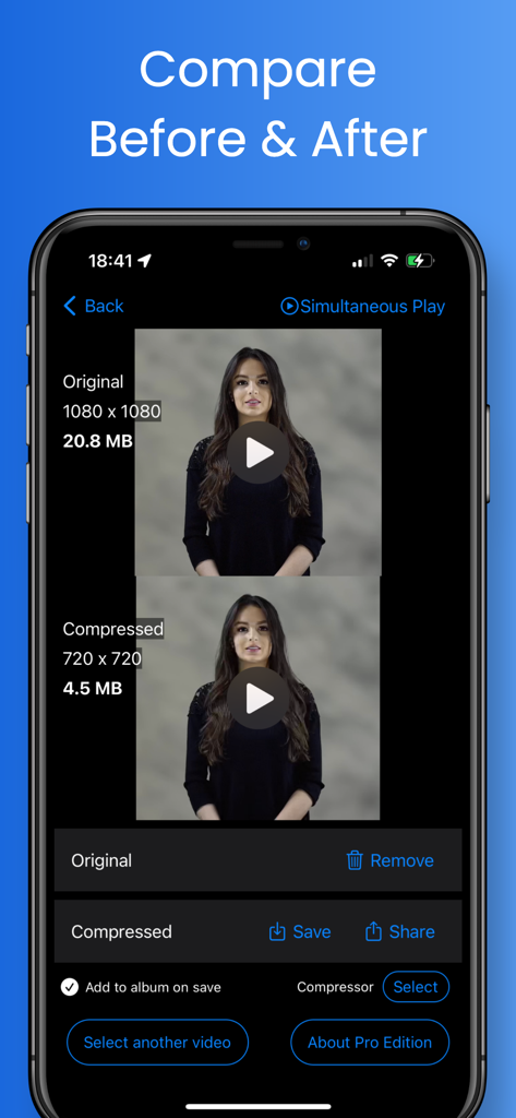 Side by side comparison of a video before and after compression on an iPhone