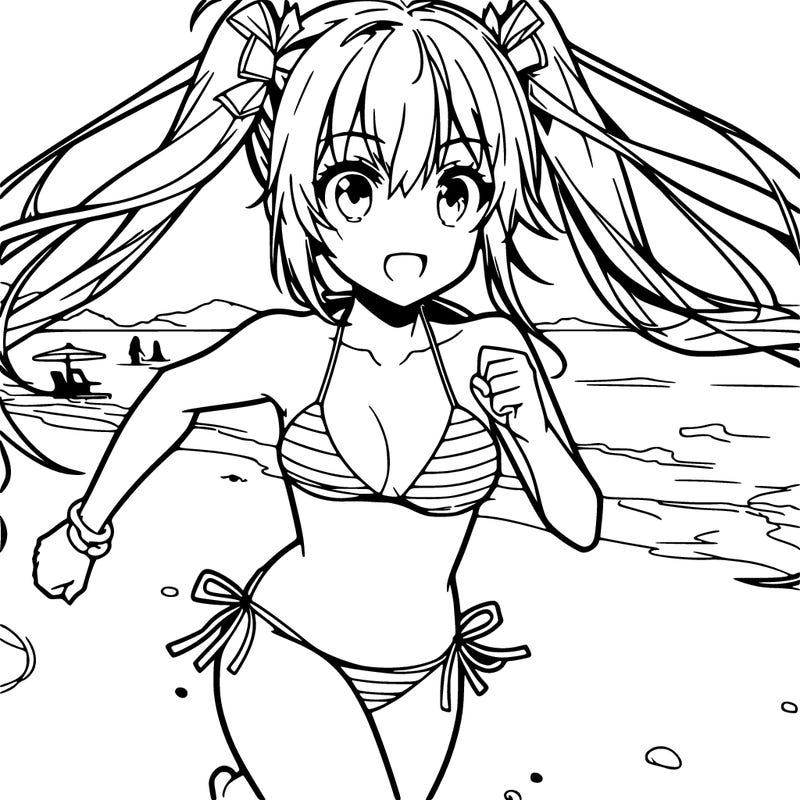a anime girl in a bikini running on the beach