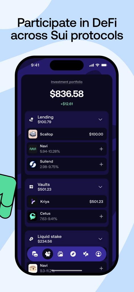 Slush app interface showing a user investment portfolio with DeFi protocols like lending and vaults on the Sui network.