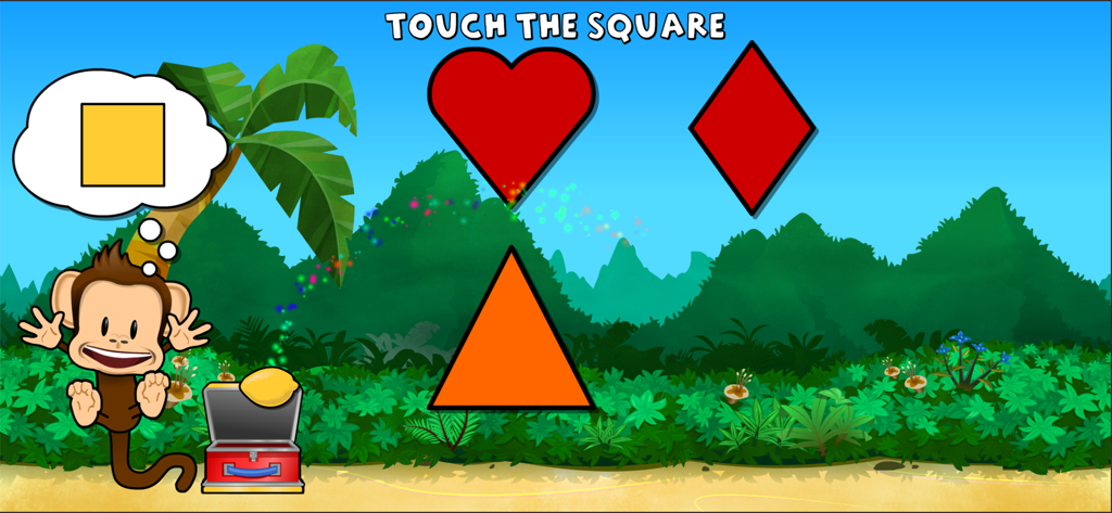 Monkey Preschool Lunchbox - Preschool learning game screen showing a monkey asking to identify a square among other shapes