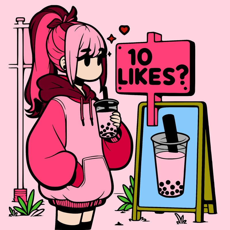 girl with oversized hoodie drinking boba and she has a high ponytail with a sign that says 10likes?