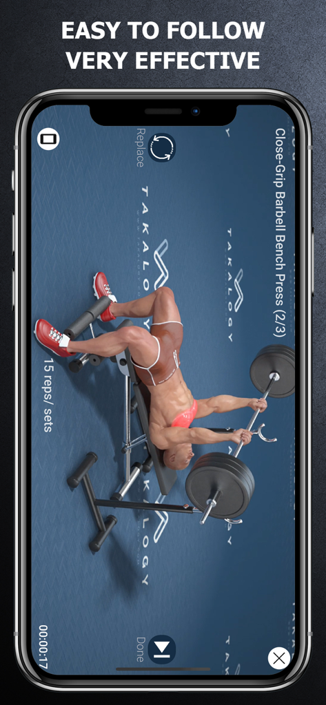 Gym Workout - Muscle Building - 3D animation showing proper form for a close-grip barbell bench press exercise in a muscle building app