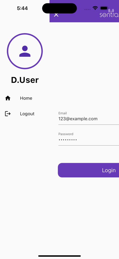 Sentrax Device Manager - Sentrax Device Manager app login screen showing email and password fields and a sidebar navigation menu
