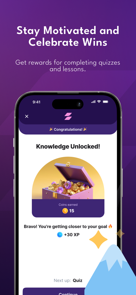 Zenfy - A screenshot of the Zenfy app showing a knowledge unlocked message with a treasure chest and earned reward coins to celebrate learning progress.