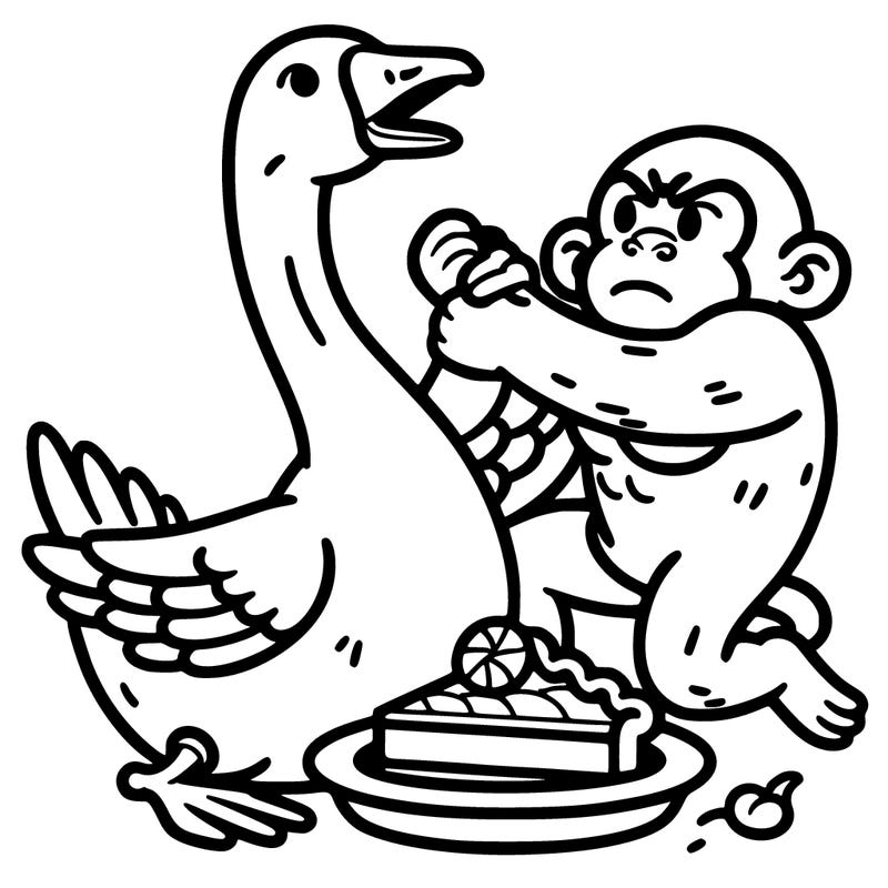 a strong goose fitting with a strong monkey over a piece of pie