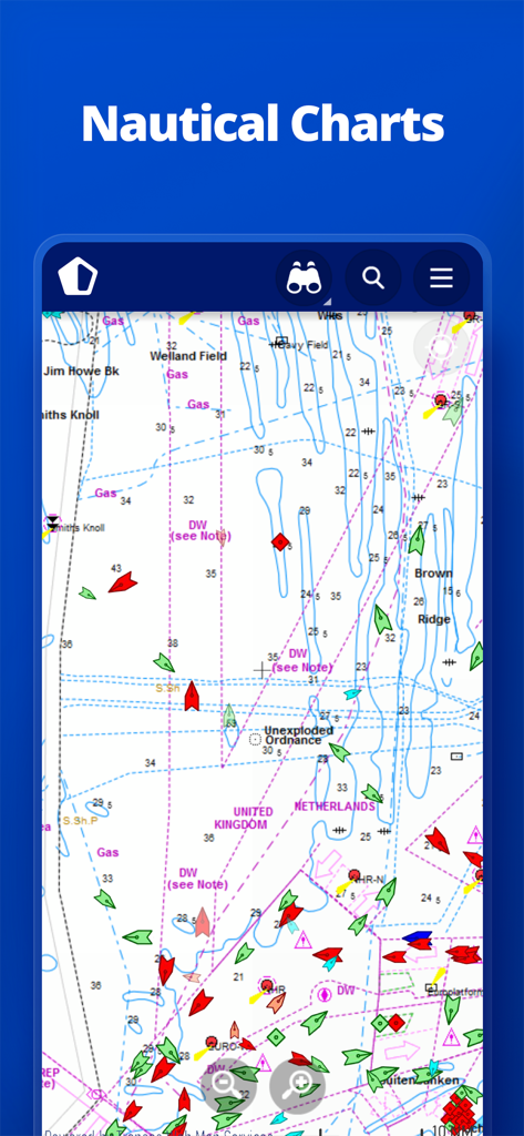 MarineTraffic app interface showing detailed nautical charts with real-time ship tracking and navigation symbols.