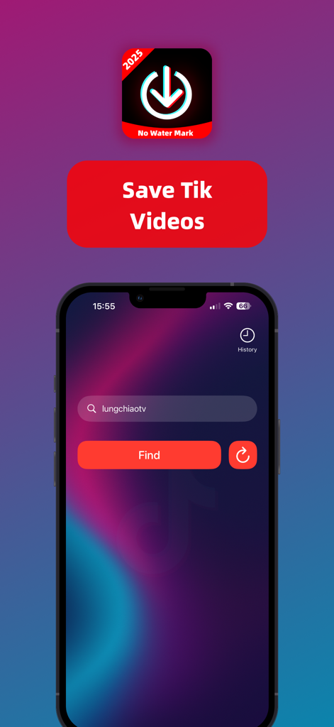 TKSave app interface showing the save tik videos button and video search bar for downloading content without watermarks.