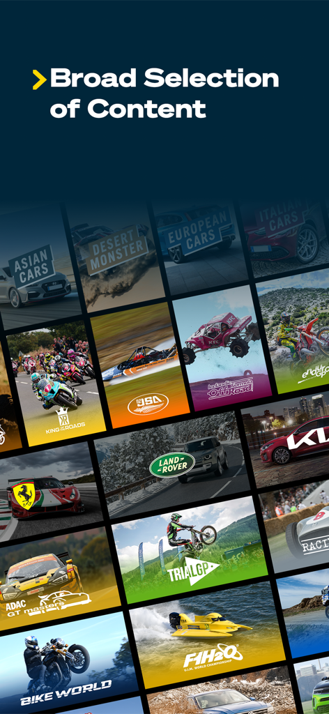 Motorvision | Live Streaming - The Motorvision app interface displaying a wide variety of motorsport categories and racing videos