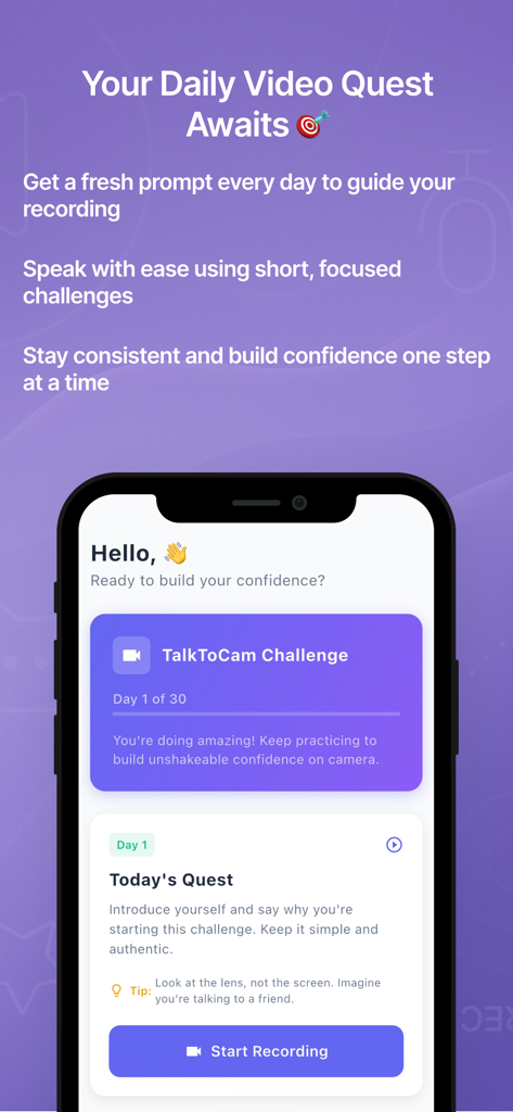 Talk To Cam: Confidence App - Interfaz de la aplicación Talk To Cam que muestra una misión de video diaria y un desafío de treinta días para desarrollar confianza ante la cámara.