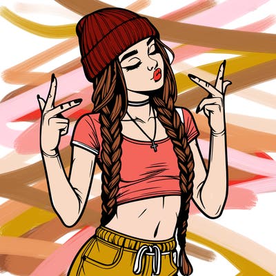 realistic teenage girl with braids and a beanie and crop top doing 🫶🏼