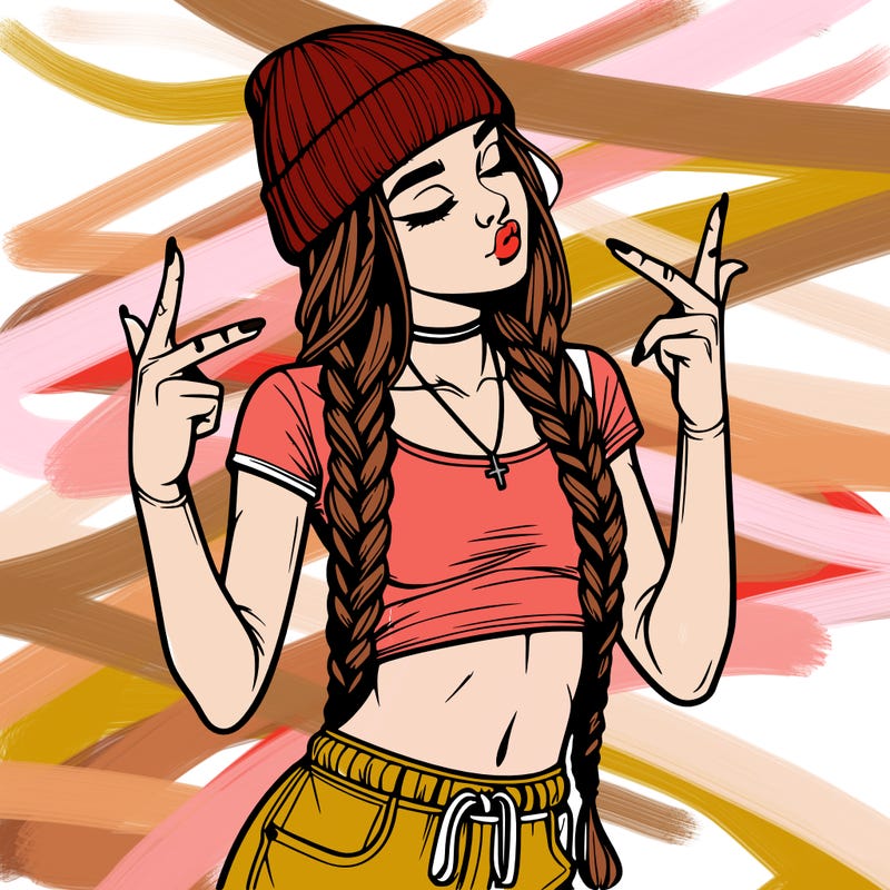 realistic teenage girl with braids and a beanie and crop top doing 🫶🏼