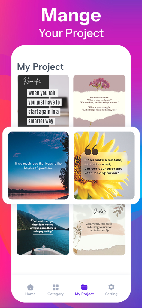 Quotes Creator - Flyer Maker - A collection of saved quote posters and flyer designs in the My Project section.