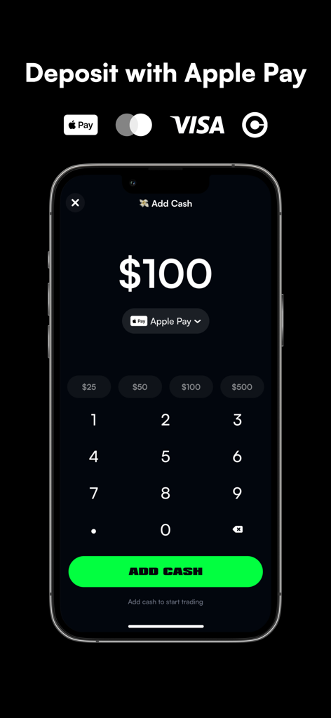 Interface of the BAGS app showing a 100 dollar cash deposit screen with Apple Pay and credit card options.
