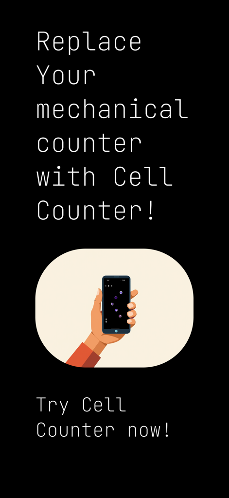 Cell Counter App - Hand holding a smartphone displaying the Cell Counter app as a modern replacement for mechanical laboratory counters