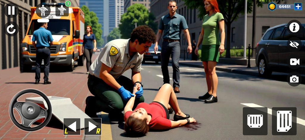 Ambulance Rescue Duty Game 3d - Un paramédico administrando primeros auxilios a un paciente en un juego de simulación de rescate de emergencia en 3D.