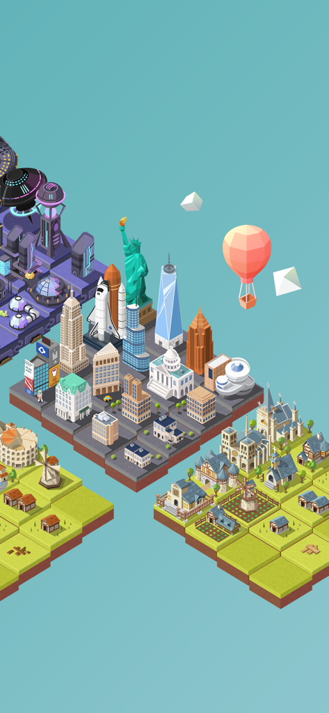 Isometric view of floating game boards representing different historical eras from medieval times to the space age