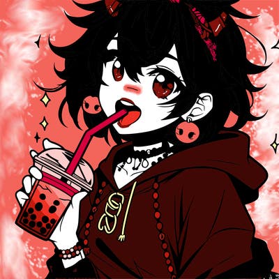 hot baddie anime girl drinking boba and biting the straw