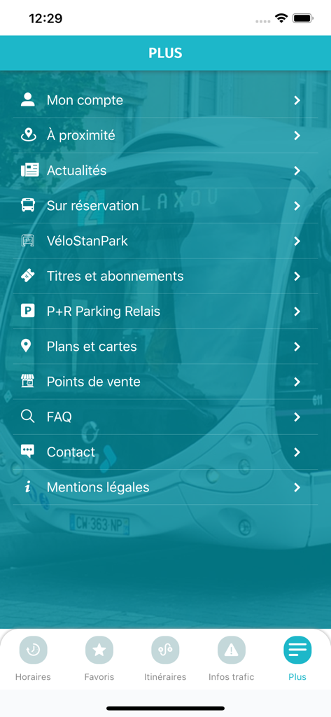STAN - The additional options and settings menu of the STAN public transit mobile application showing links to account and ticketing services