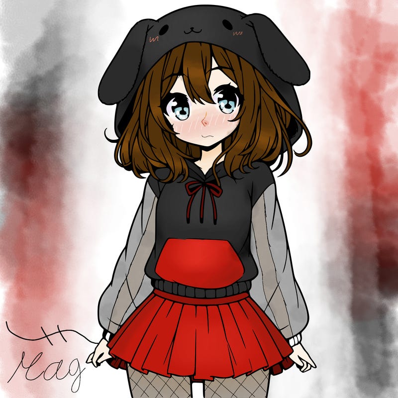 pretty anime girl wearing a fluffy hoodie with bunny ears on the hood and a skirt