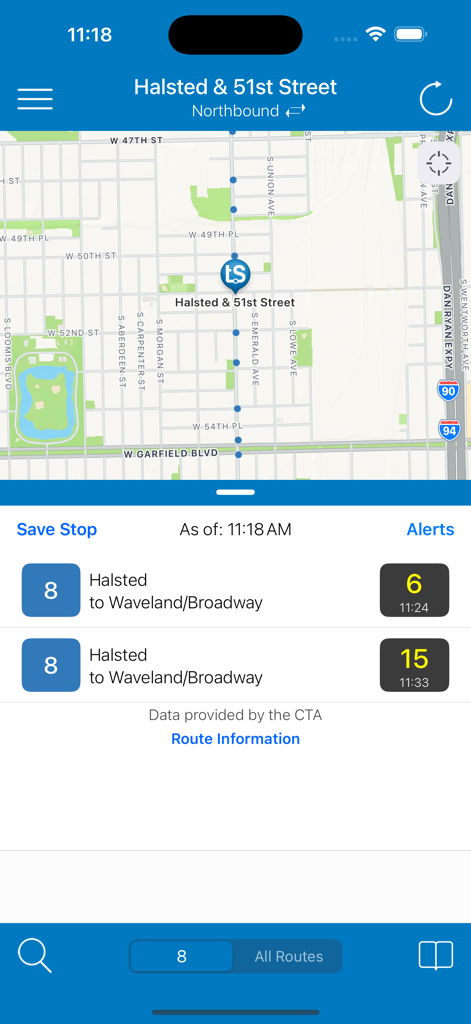 La aplicación Transit Stop CTA Tracker muestra los tiempos de llegada de autobuses en tiempo real y un mapa de ubicación para una parada en Chicago