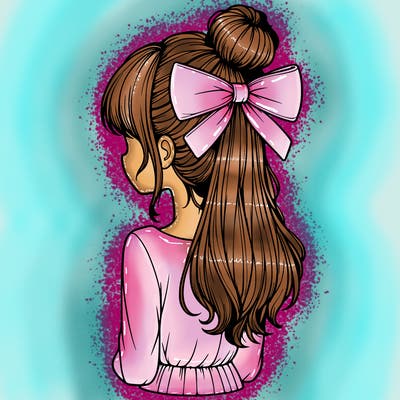 realistic girl  with hip length hair a bun and a big bow on the back of head