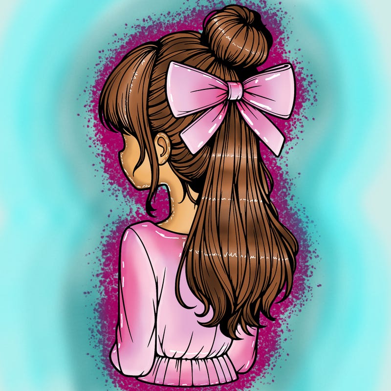 realistic girl  with hip length hair a bun and a big bow on the back of head