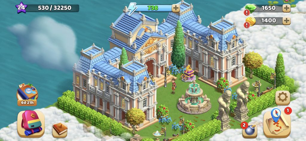 Funky Bay – Farm & Adventure - Una grande villa con tetto blu e un giardino e una fontana ornati a Funky Bay