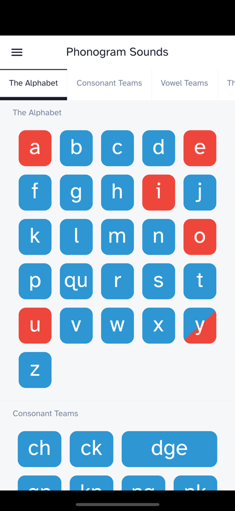 Phonogram Sounds - Phonogram Sounds app interface showing alphabet and consonant team tiles for phonics practice.